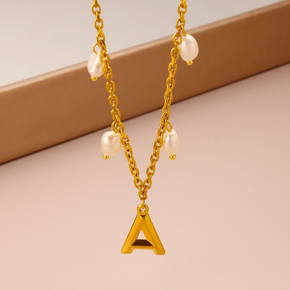 Initial Letter Necklace 18K Gold - Initial Letter Pearl Pendant Necklace 18K