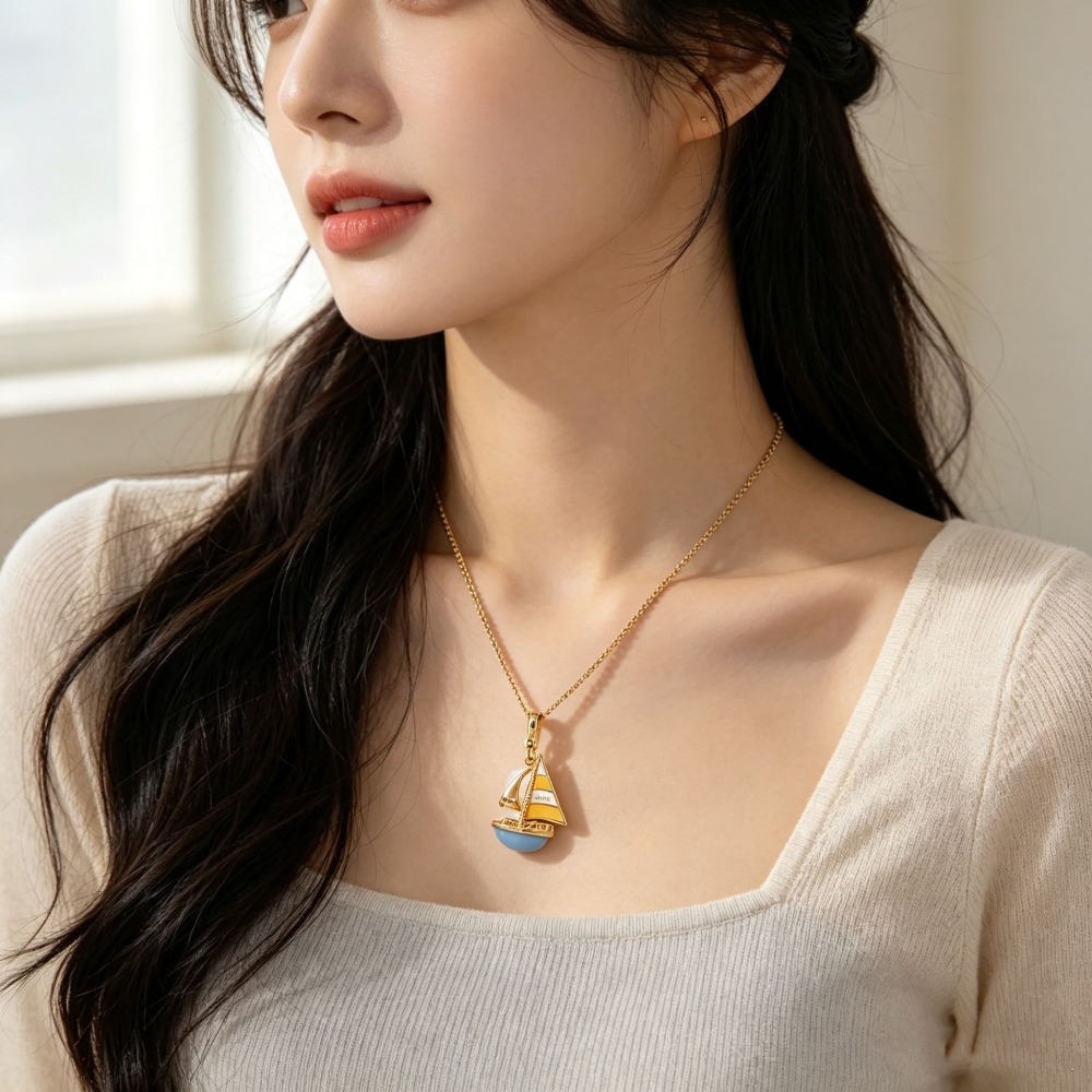 Elegant Enamel Glaze Blue Sail - đánh giá và giá Initial Letter Necklace 18K Gold
