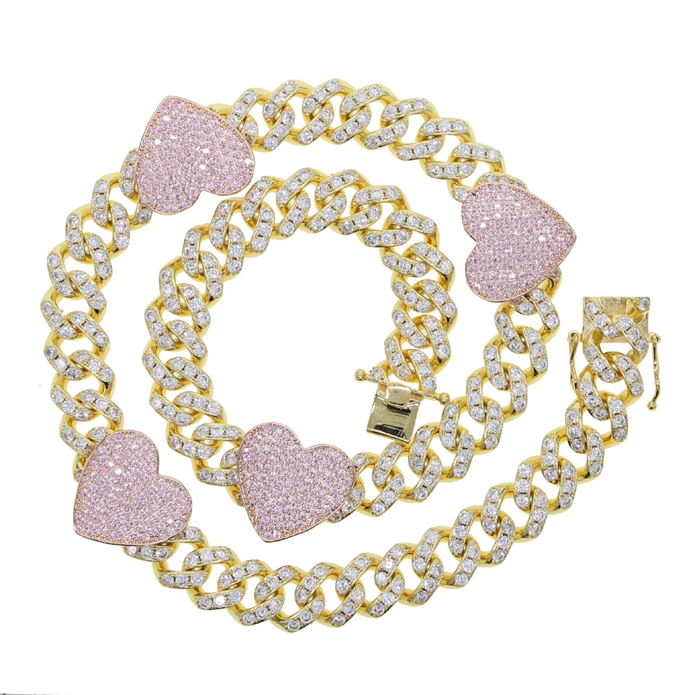 New 12mm Width Pink Heart Iced - đánh giá và giá Cuban Link Chain 12Mm