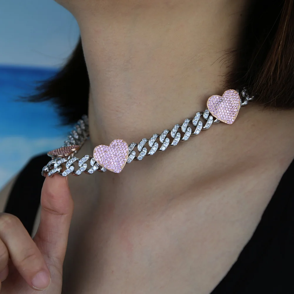 New 12mm Width Pink Heart Iced - đánh giá và giá Cuban Link Chain 12Mm
